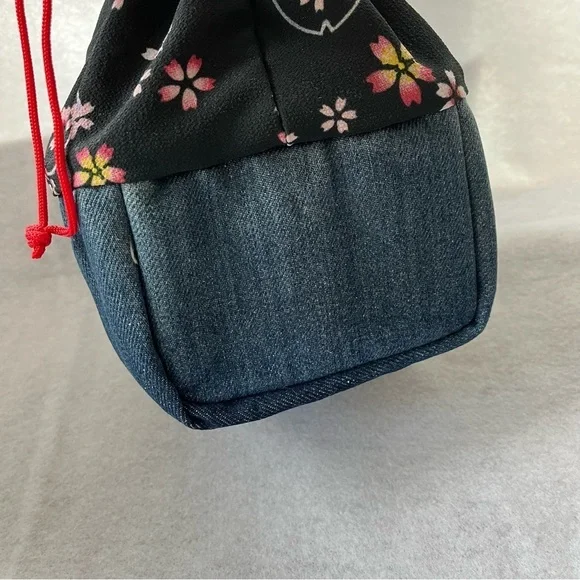 CHERRY BLOSSOM Drawstring Cosmetic Bag Denim Blue Pink Sakura - Picture 8 of 10